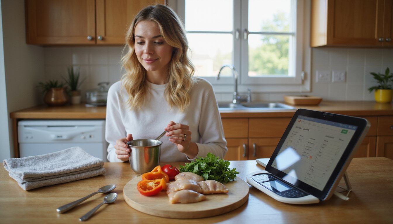 Preparing a balanced 1,200 calorie plate with lean protein, grains, and vegetables.