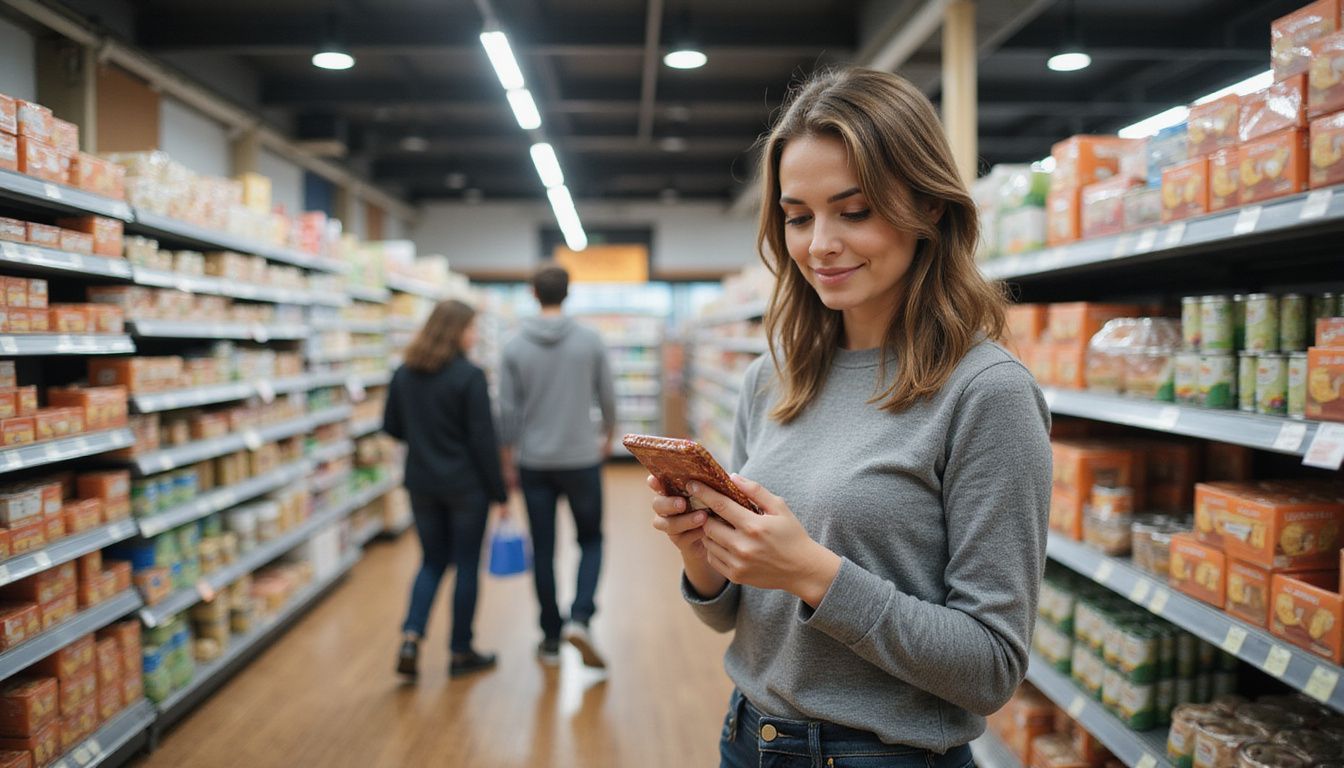 Shopper reads a nutrition facts label to compare foods.