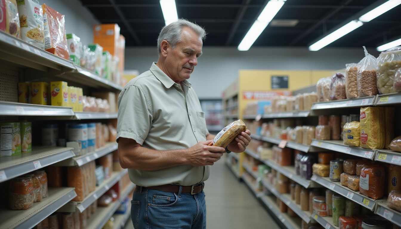 An older shopper reads a nutrition label to check sodium on a canned soup.