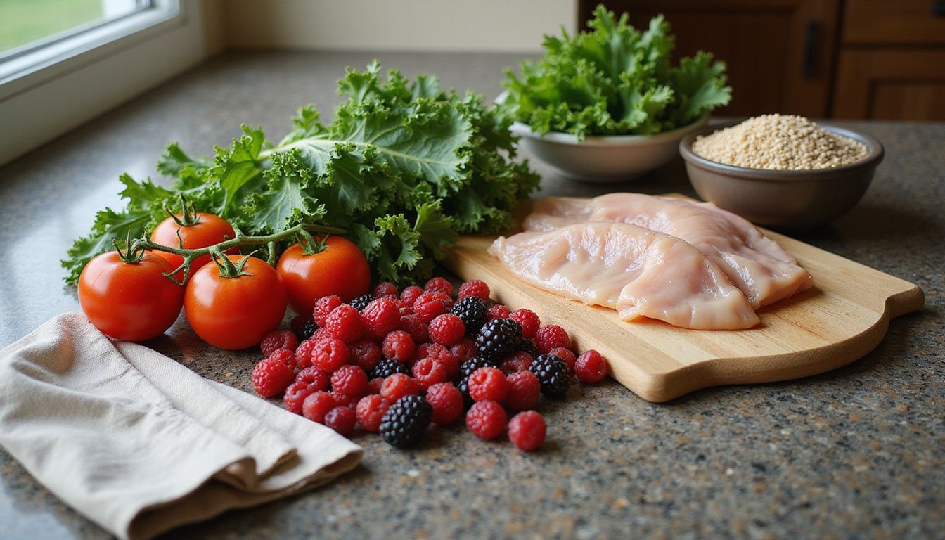 A clean kitchen counter set with chicken, greens, and grains for a balanced meal.