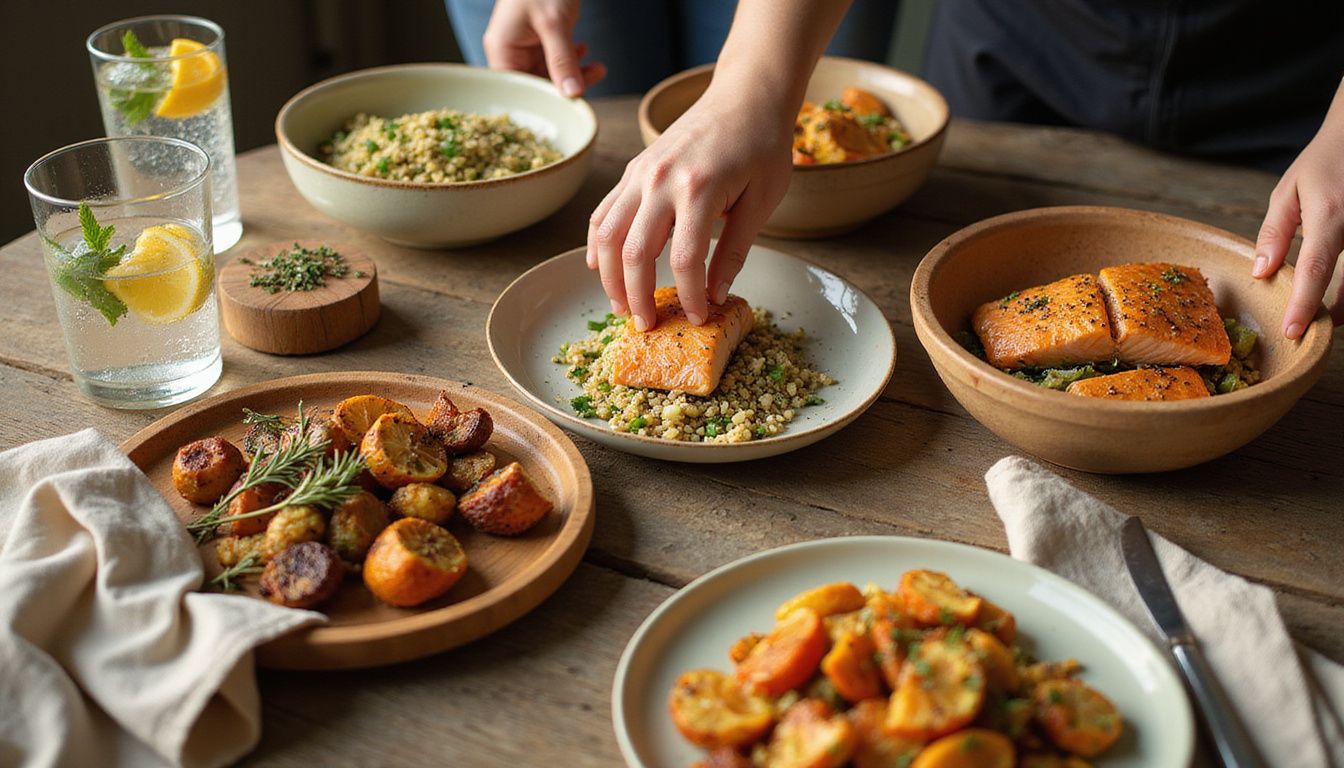 A welcoming meal spread with whole grains, vegetables, and lean protein on a rustic table.