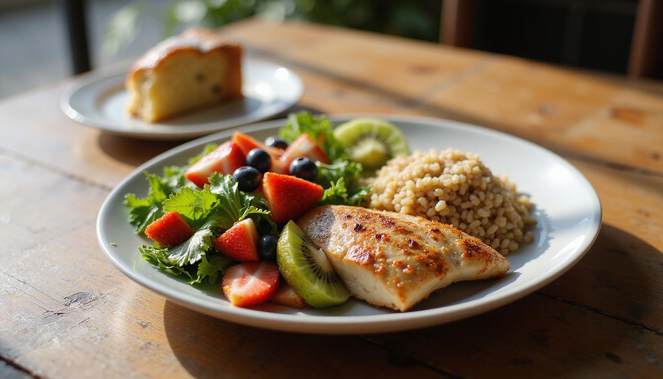 A vibrant plate with vegetables on one side and a small slice of cake on the other, showing balance.