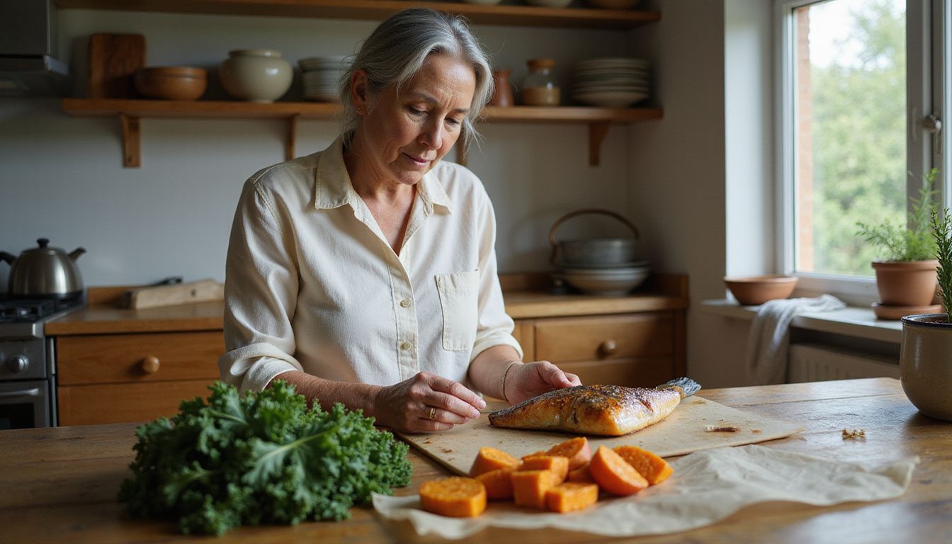 An older adult preparing a colorful, nutrient-dense meal with vegetables and meat.