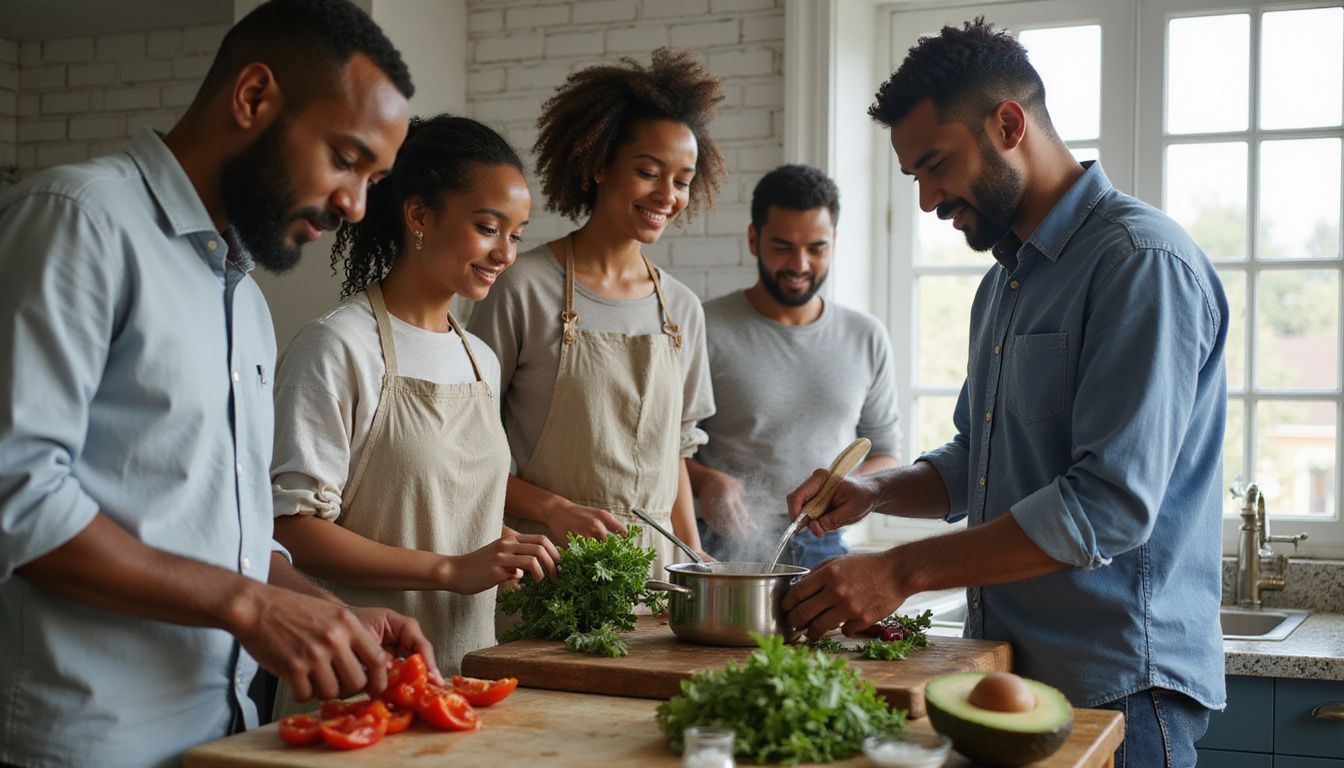 Five adults cooking together in a rustic kitchen and sharing fresh produce.