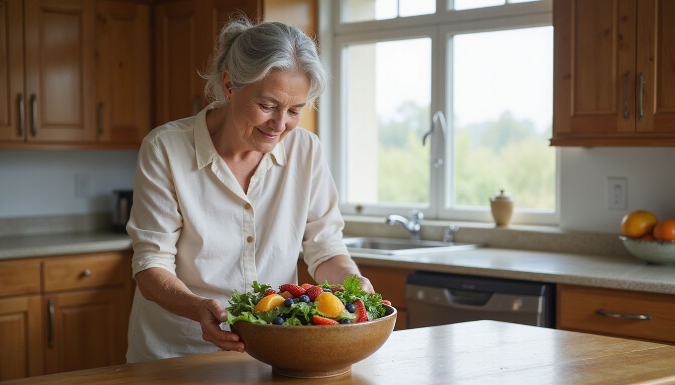 Older adult making a bright mixed-green salad in natural light
