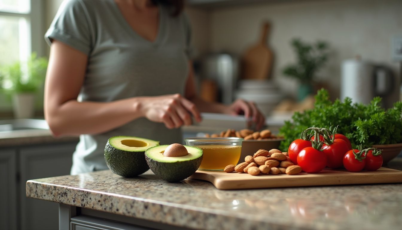 Chopping colorful vegetables beside a printed meal plan.