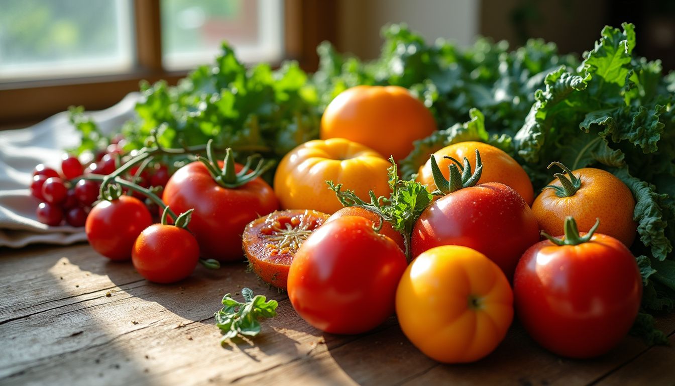 Colorful fruits and vegetables arranged on a wood table, ready for AIP cooking.