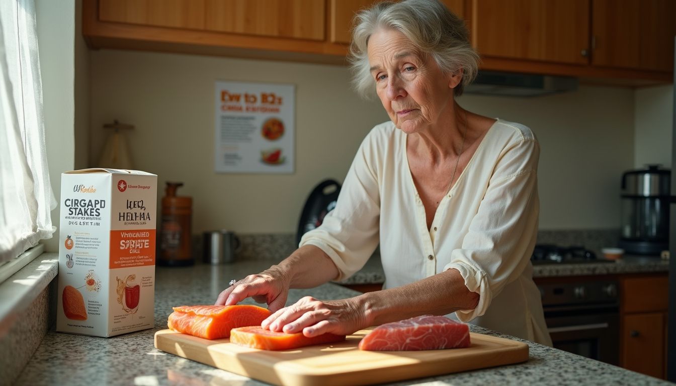 Older adult preparing salmon, a natural source of vitamin B12, in a home kitchen.