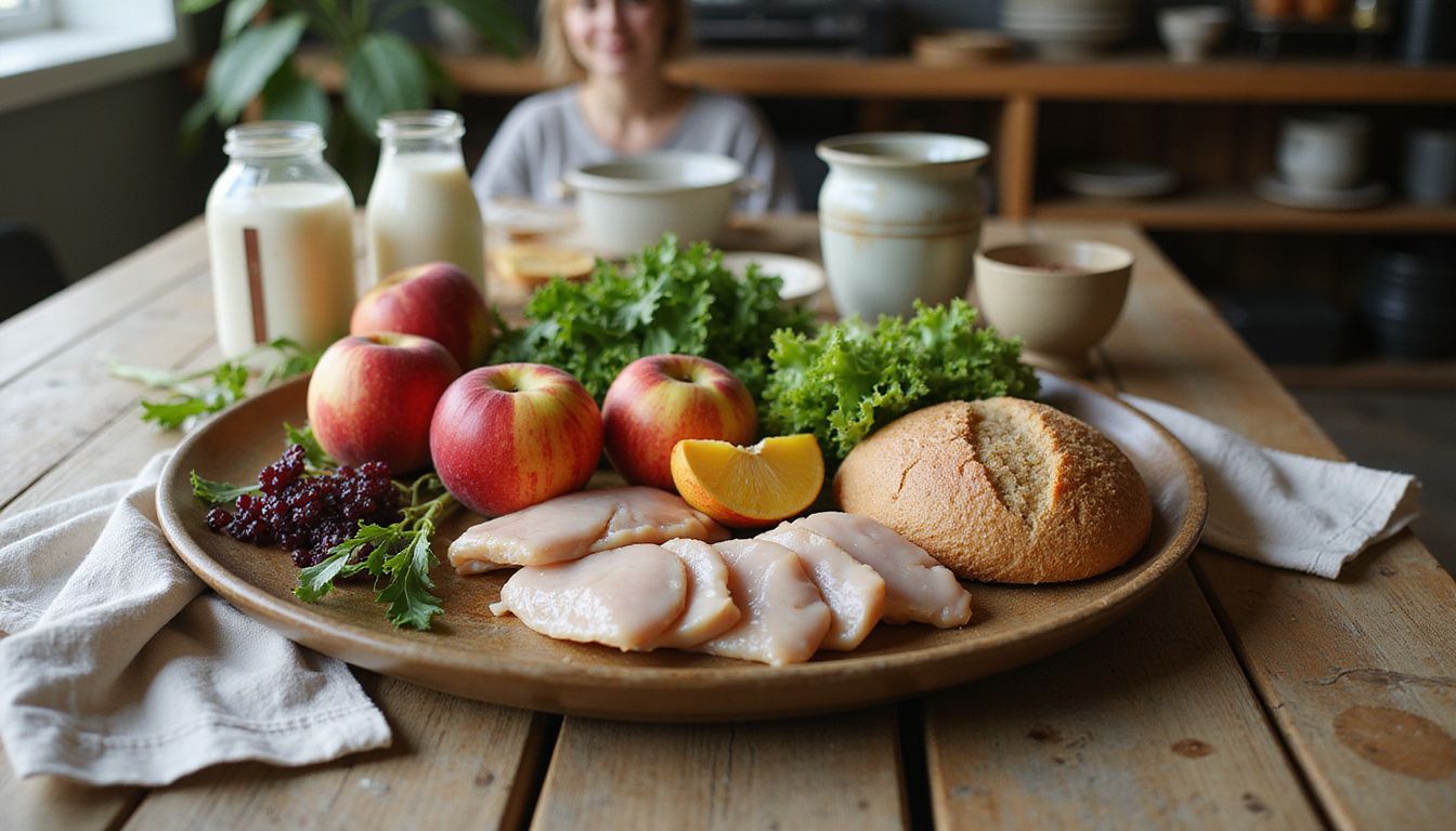 A rustic table covered with fruits, vegetables, grains, and proteins for meal prep.