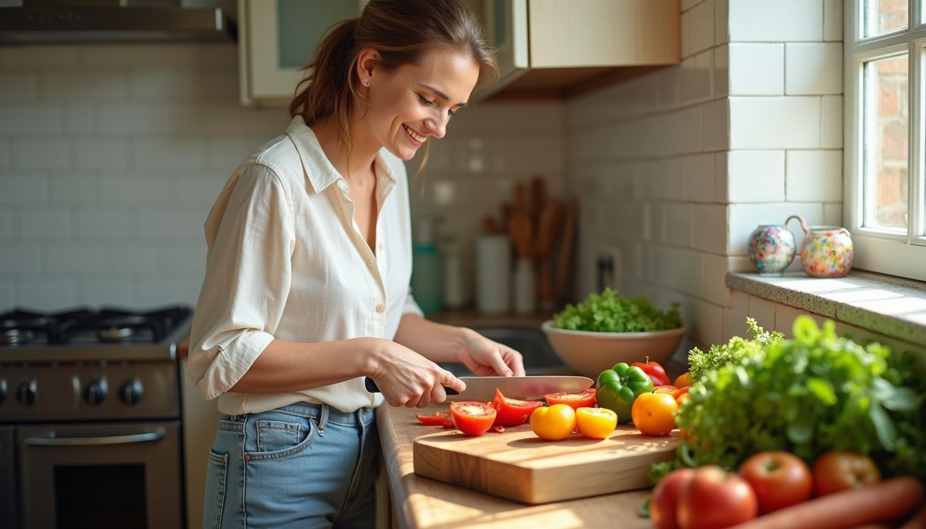 A home cook preparing a colorful salad bowl with grains, vegetables, and protein.