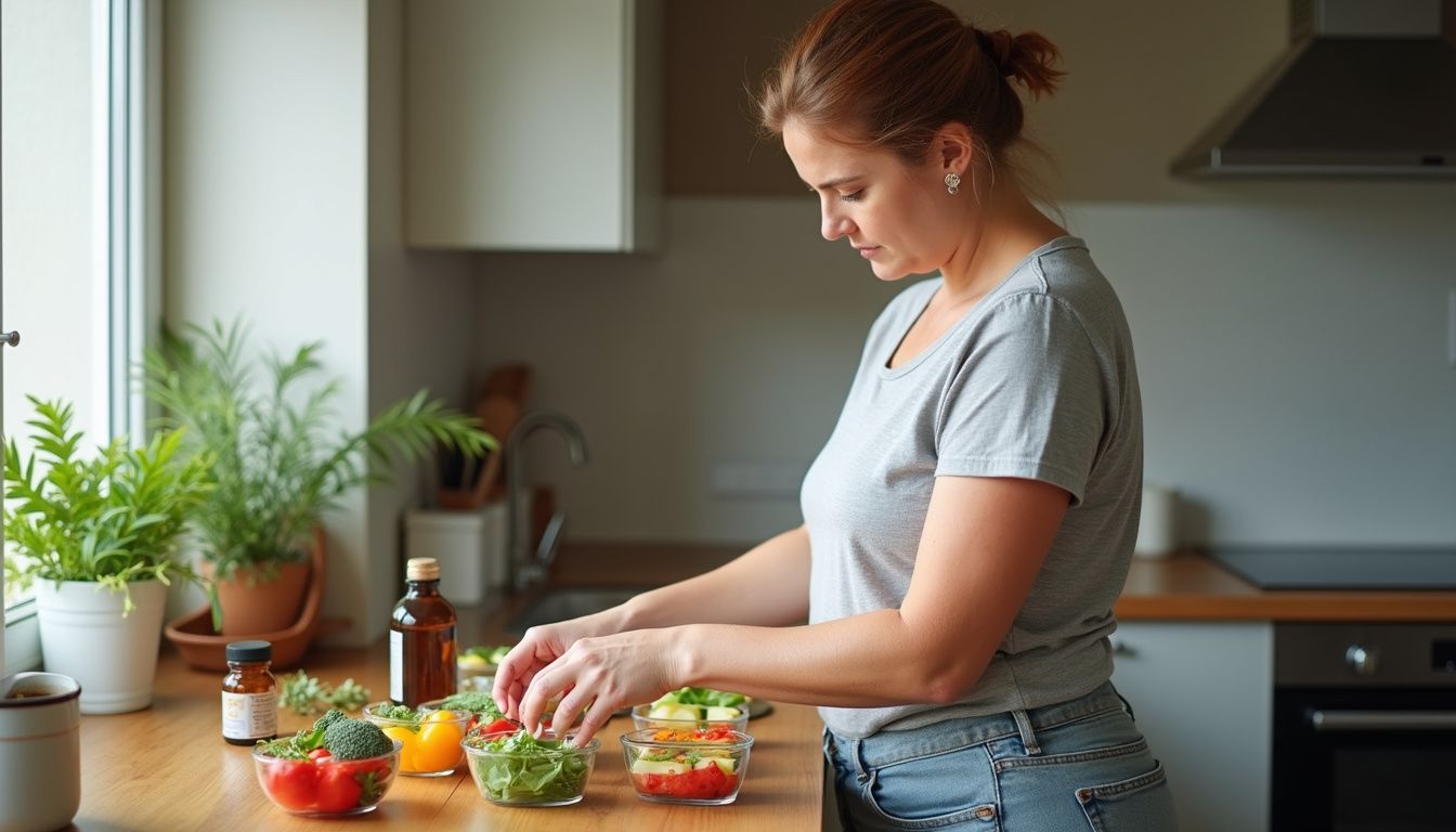 Woman preparing simple, nutrient-rich meals in an organized kitchen.