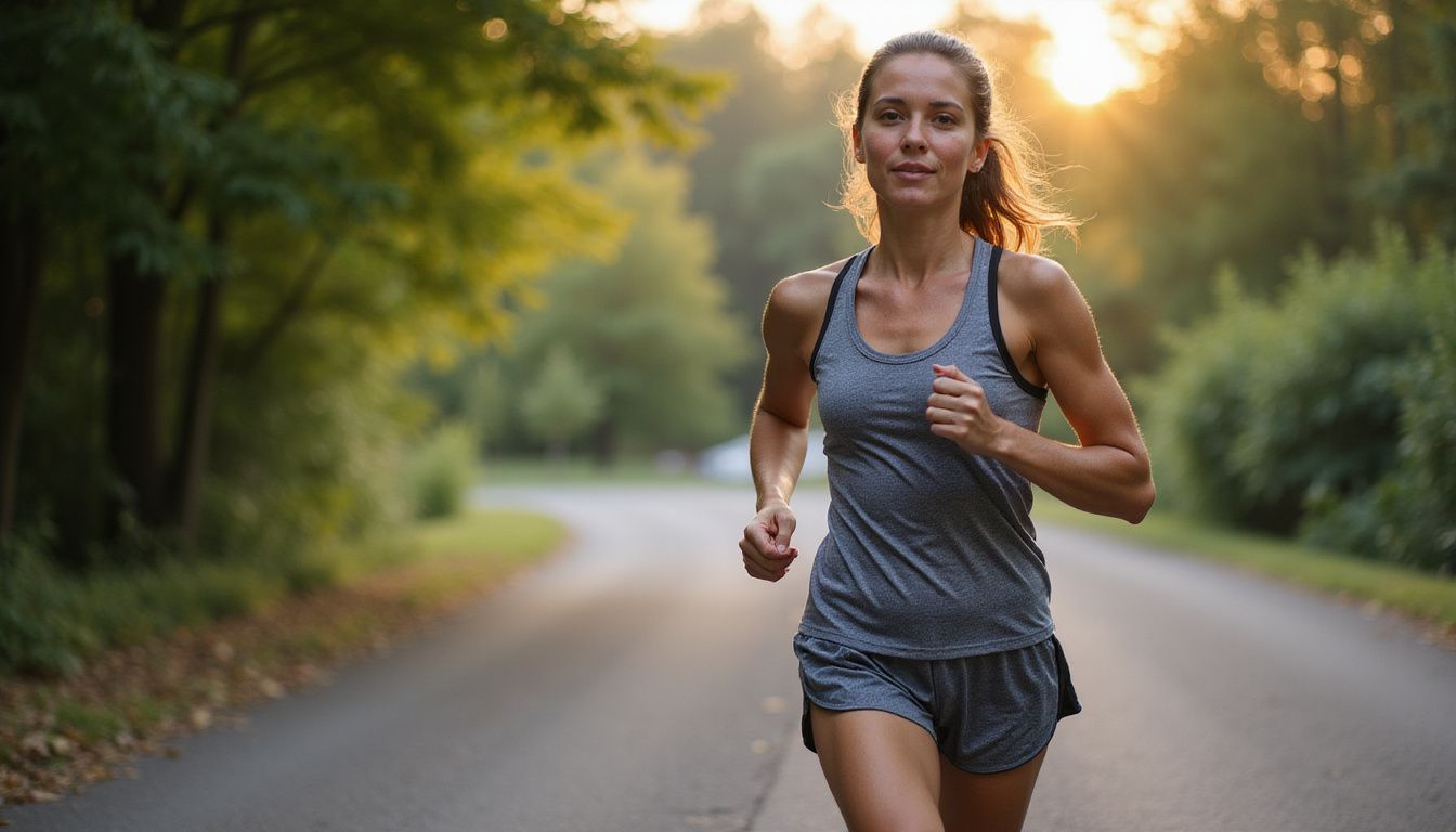 A woman running outdoors with focused, determined effort.