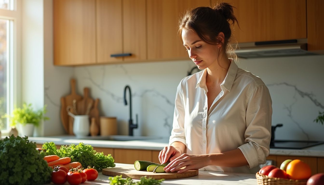 Home cook washing and chopping vegetables at a bright kitchen island.