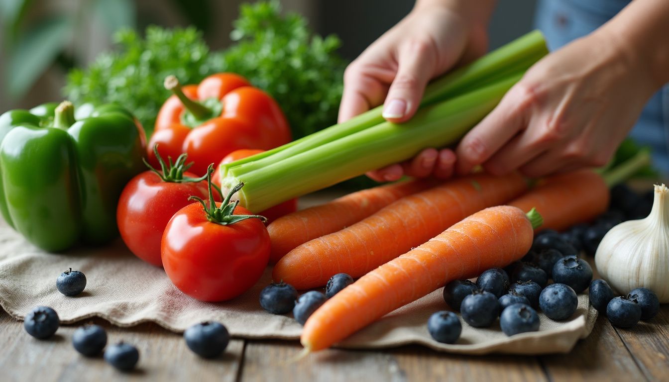 A wooden table topped with colorful fruits and vegetables for a healthy plate.