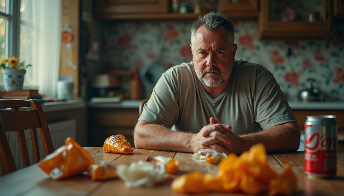 A man reviews blood pressure notes at a kitchen table with concern. A man reviews blood pressure notes at a kitchen table with concern.