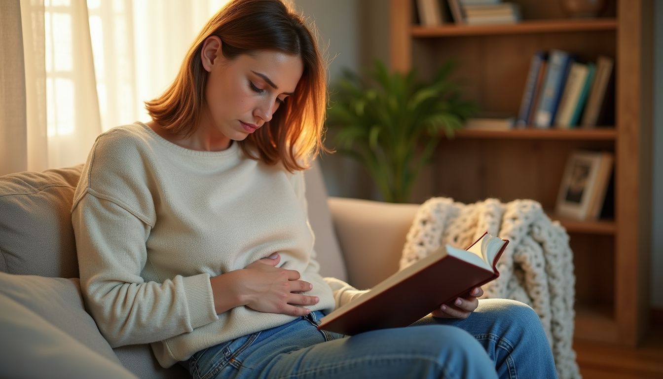 Reader reviewing an IBS diet guide on a sofa.