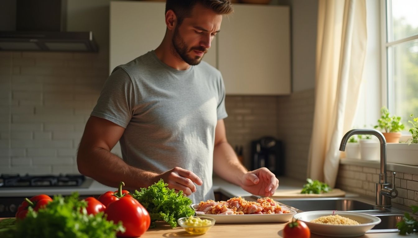 A man prepares a healthy meal in a cozy kitchen.