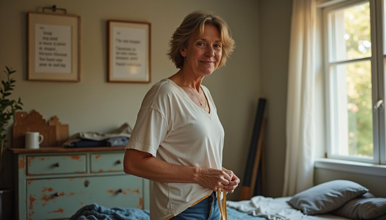 A woman measuring her waist in a bedroom after starting a new eating plan.