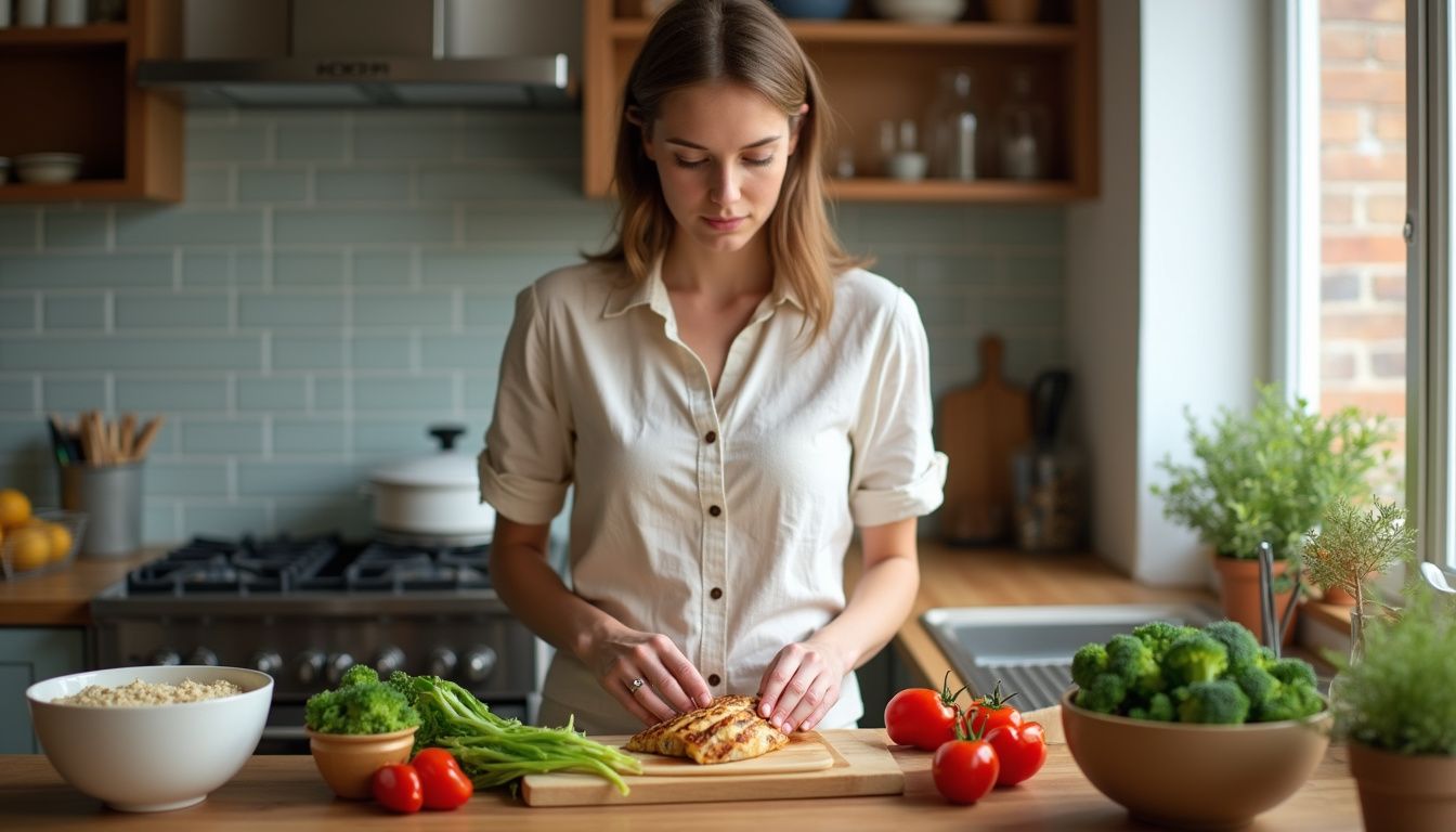 Woman cooking a colorful, healthy meal in a modern kitchen.