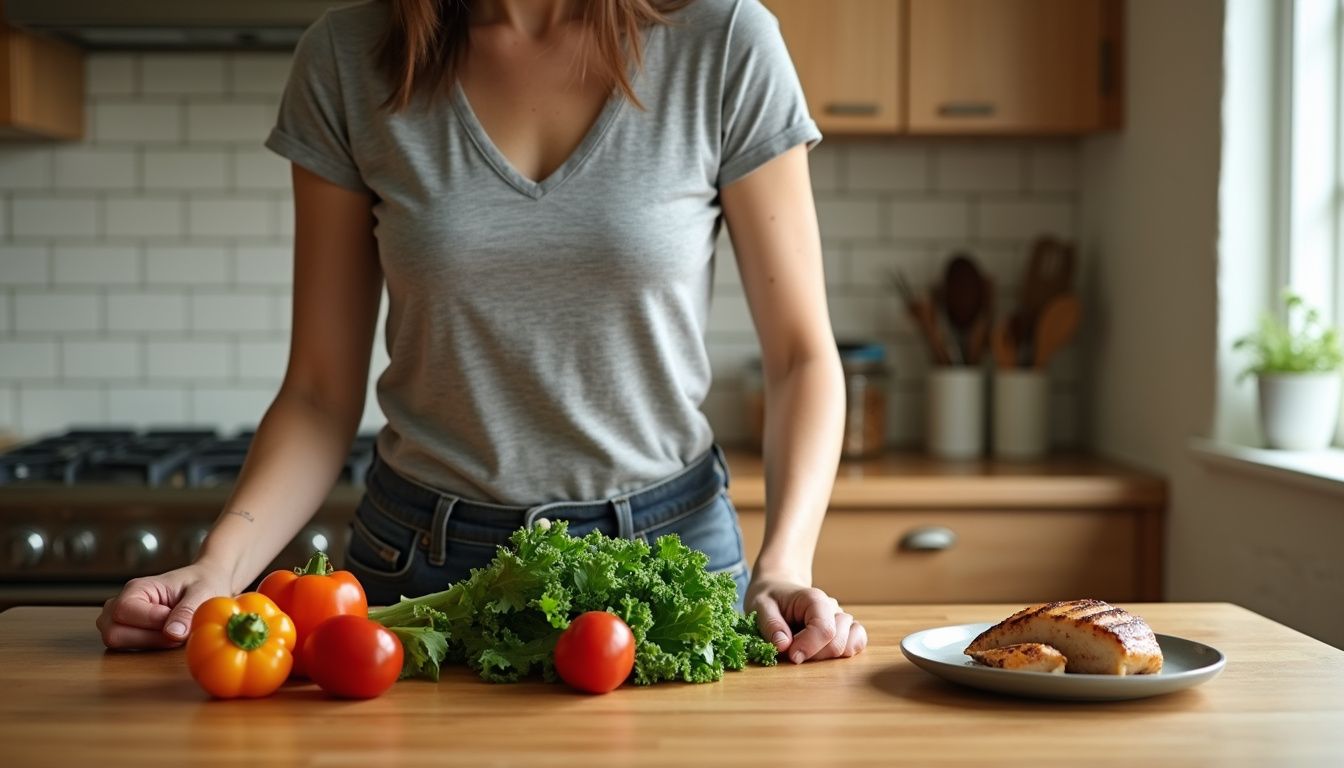 Woman chopping vegetables and prepping ingredients in a cozy kitchen.
