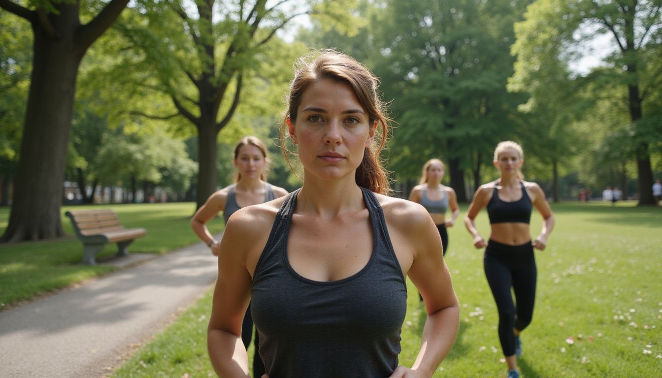 Women exercising in a park, showing steady effort and focus.