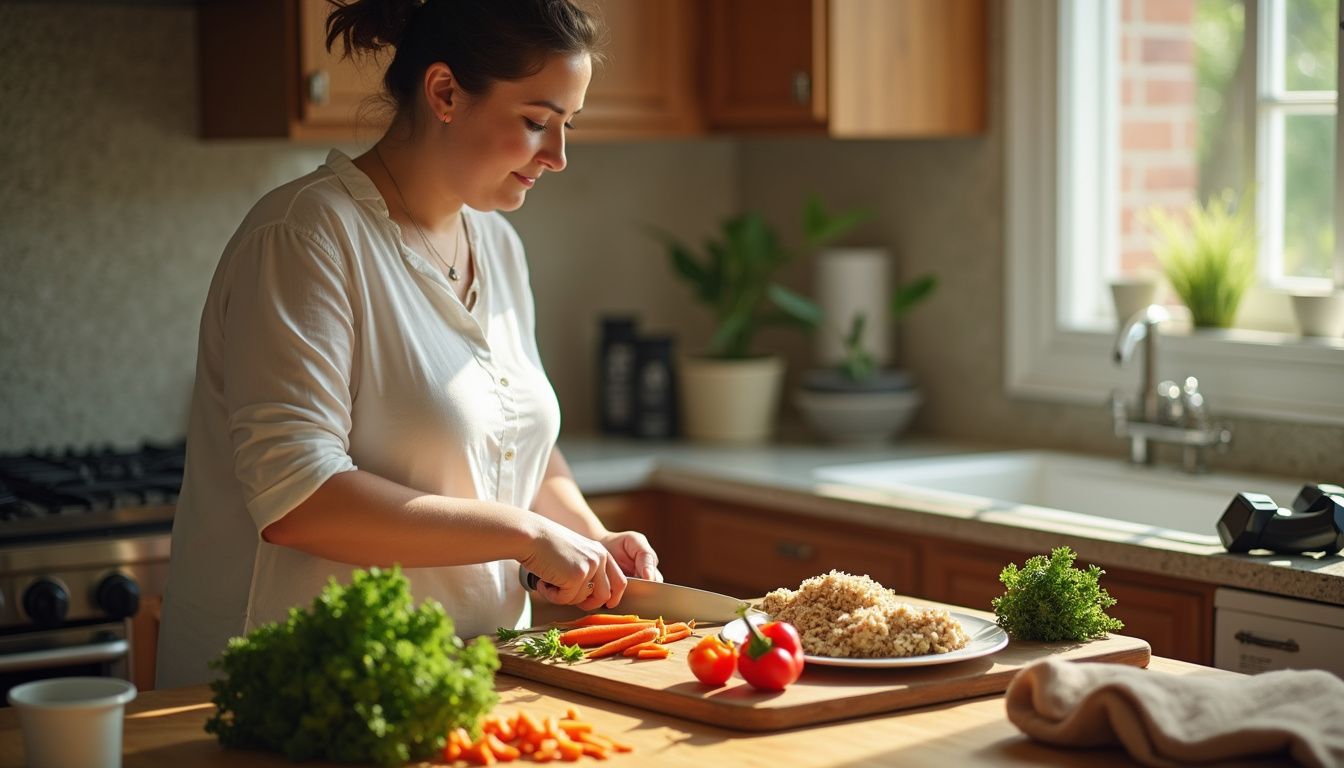A focused home cook portioning fresh foods for a week of healthy meals.