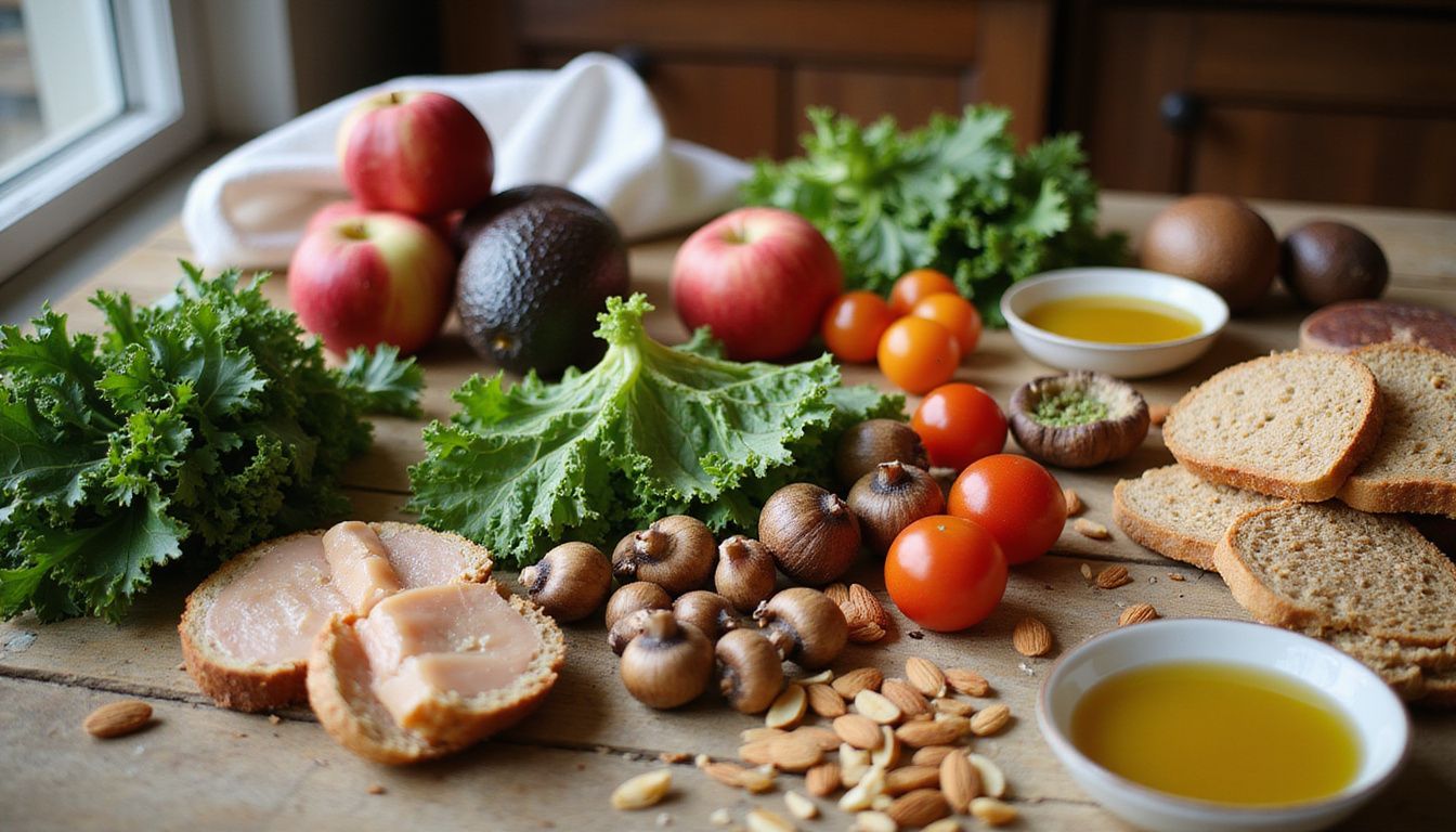 Fresh produce and whole-grain breads arranged on a rustic kitchen counter.