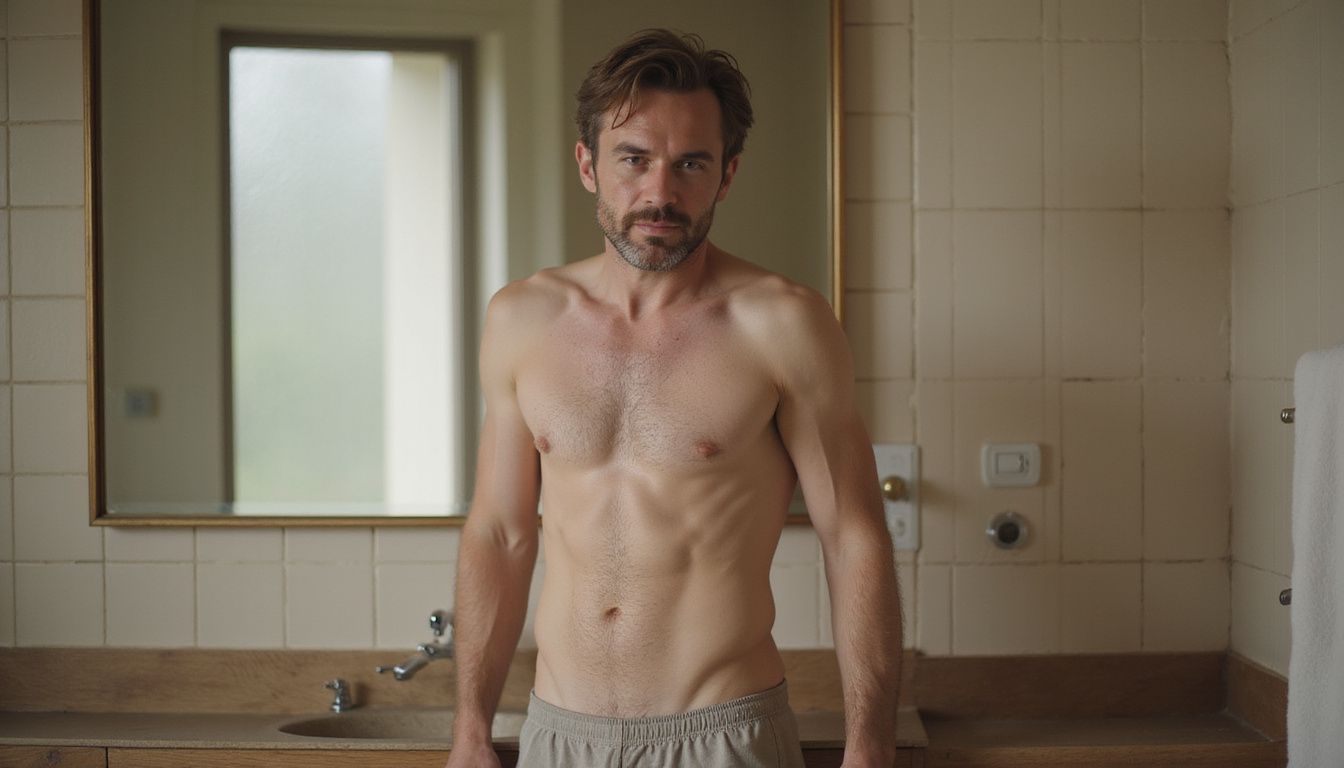 Man checking waistline in a mirror, focusing on belly area.