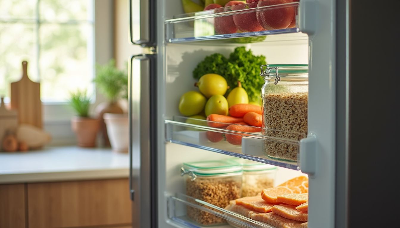 A neatly organized refrigerator filled with fresh produce and proteins.