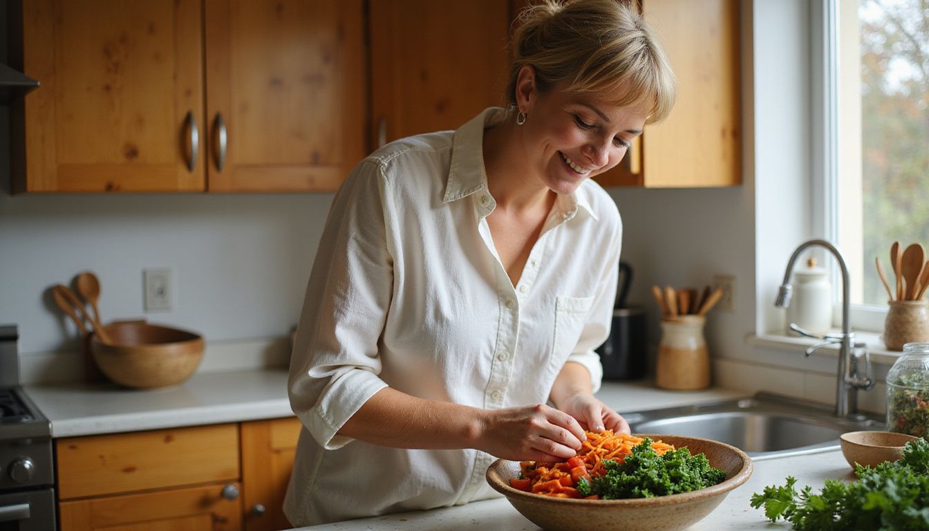 A woman in a home kitchen arranging colorful vegetables for a healthy meal.