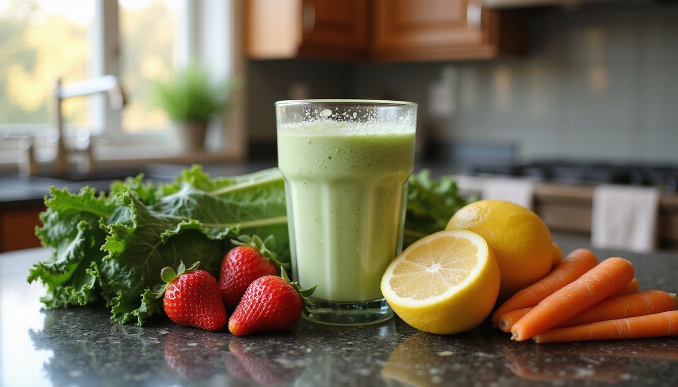 Green drink with fresh produce that highlights hydration and nutrients.