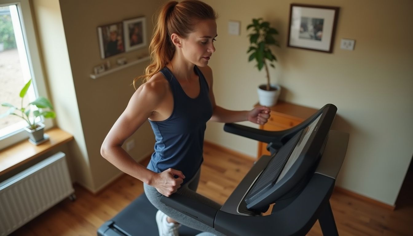 Woman walking on a treadmill in a small home gym.