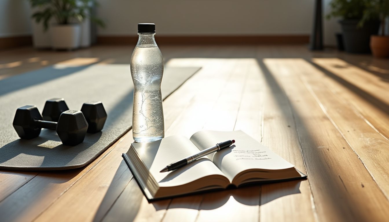 Calm gym corner with a notebook, water bottle, and light weights.