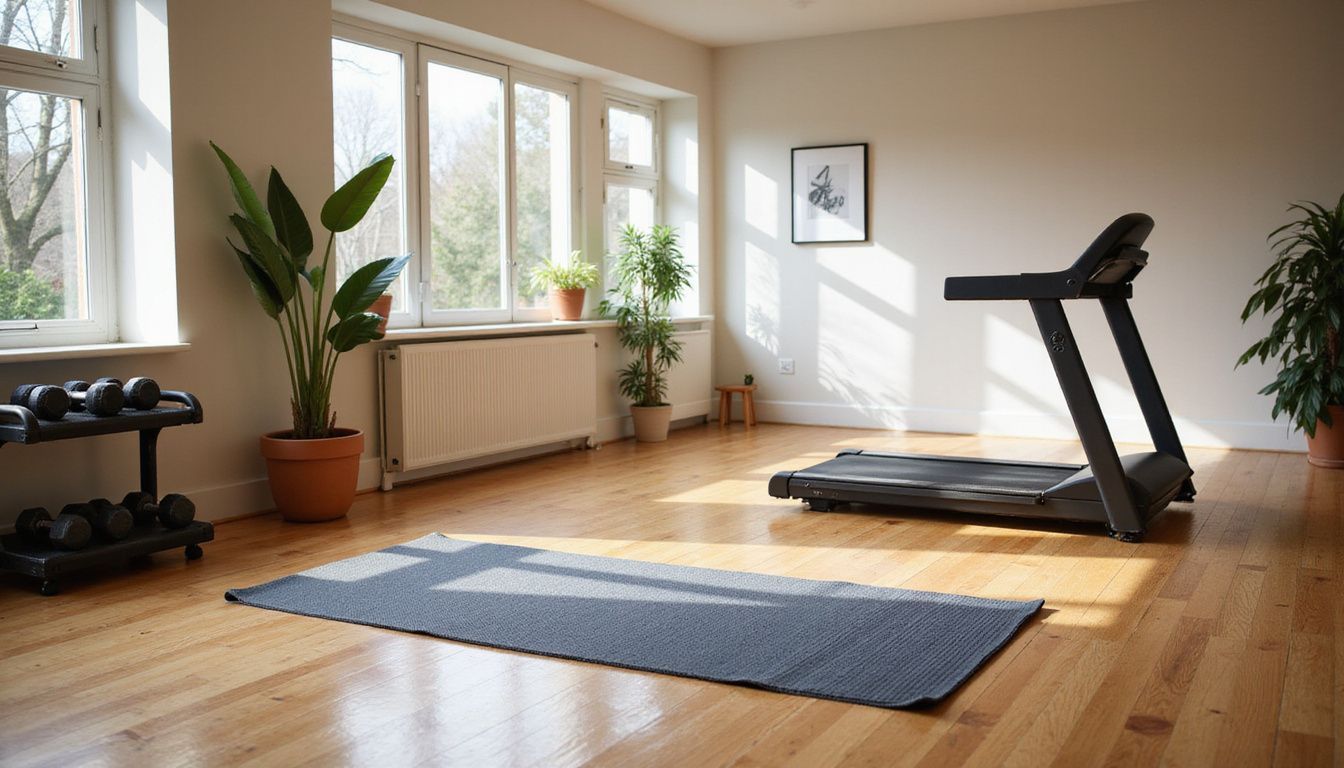 Living room arranged as a comfortable home gym with open floor space.