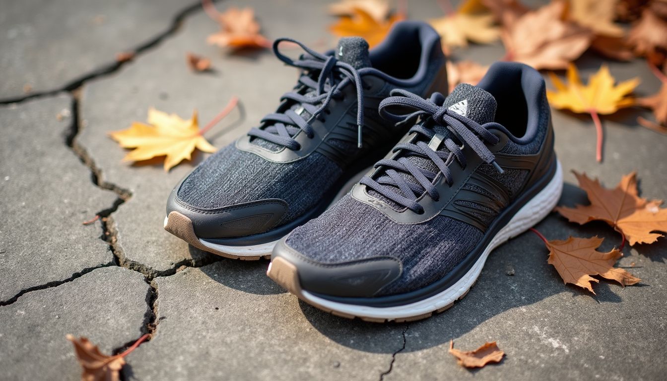 A pair of worn running shoes on cracked pavement with autumn leaves nearby.