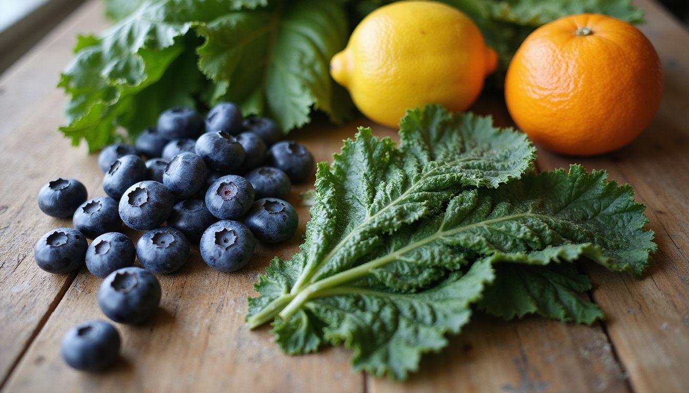 Colorful array of fresh produce arranged on a wooden table