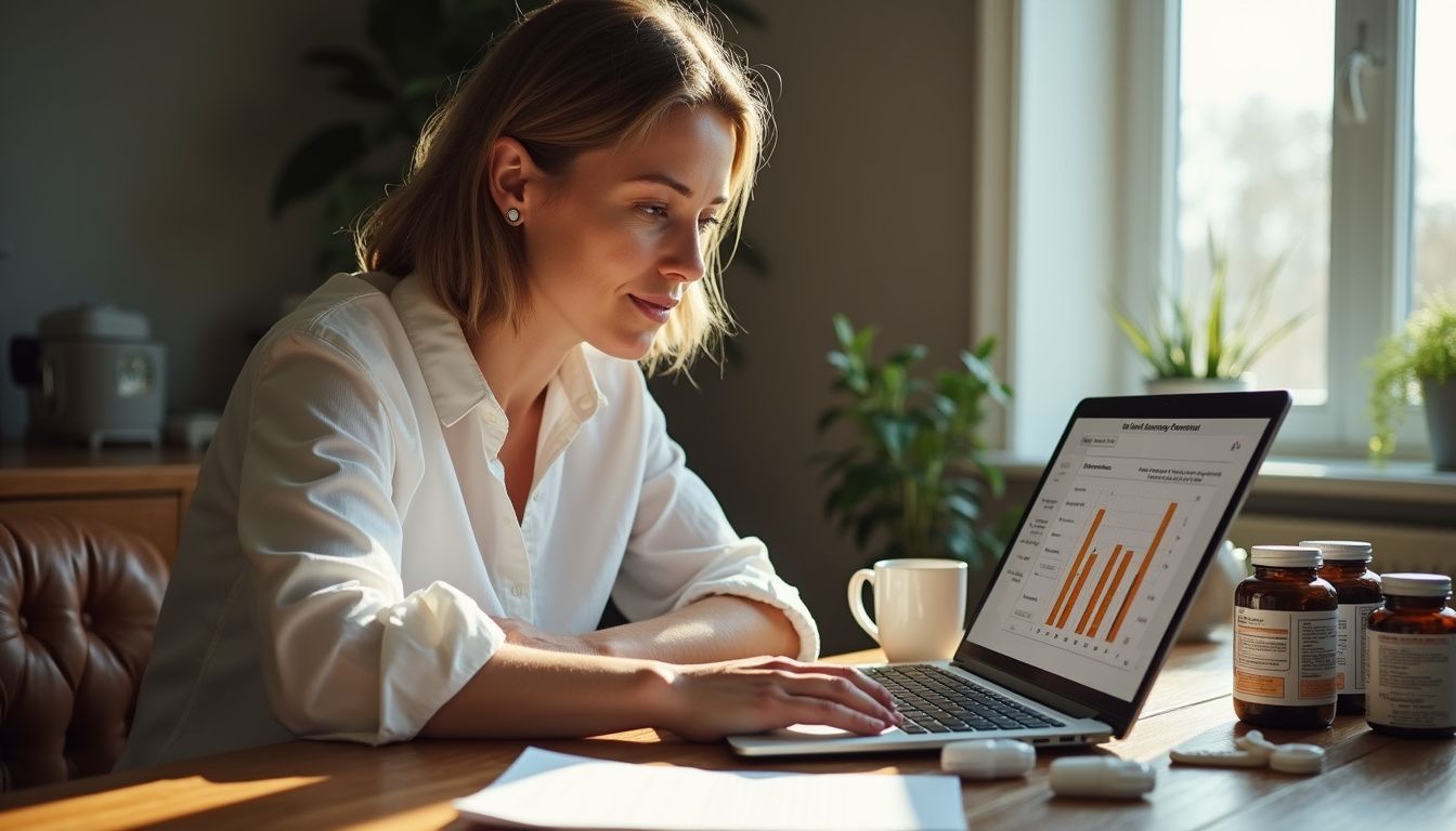 Woman researching fat burner supplements at a home desk with notes and a laptop.