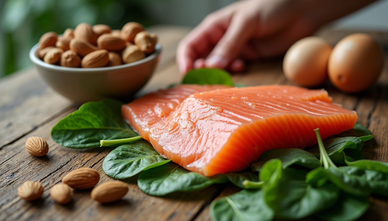 An overhead view of colorful, nutrient-dense foods that support hair growth.