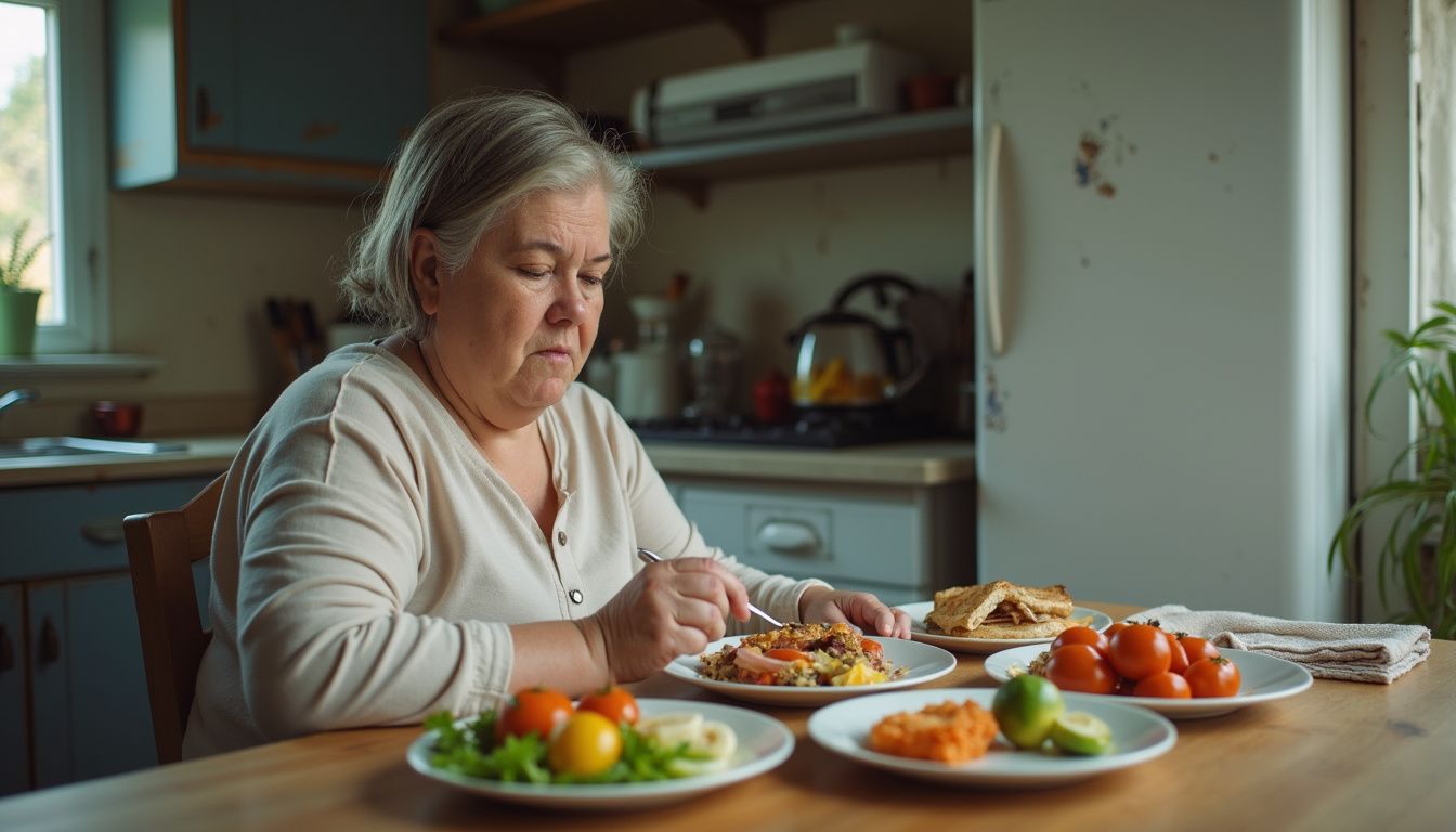 Woman with low appetite pausing over a small plate of food at home.