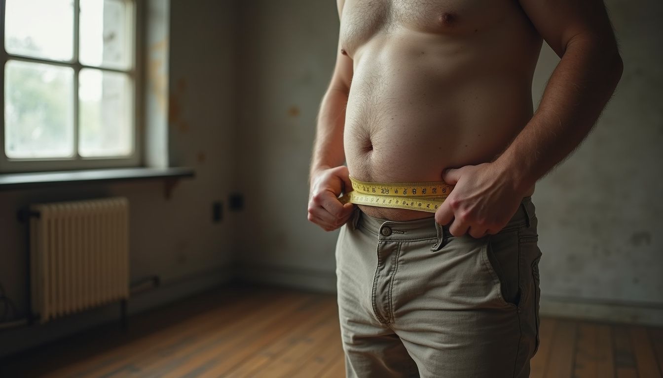 A middle-aged man checks his waist with a tape measure in a calm room.