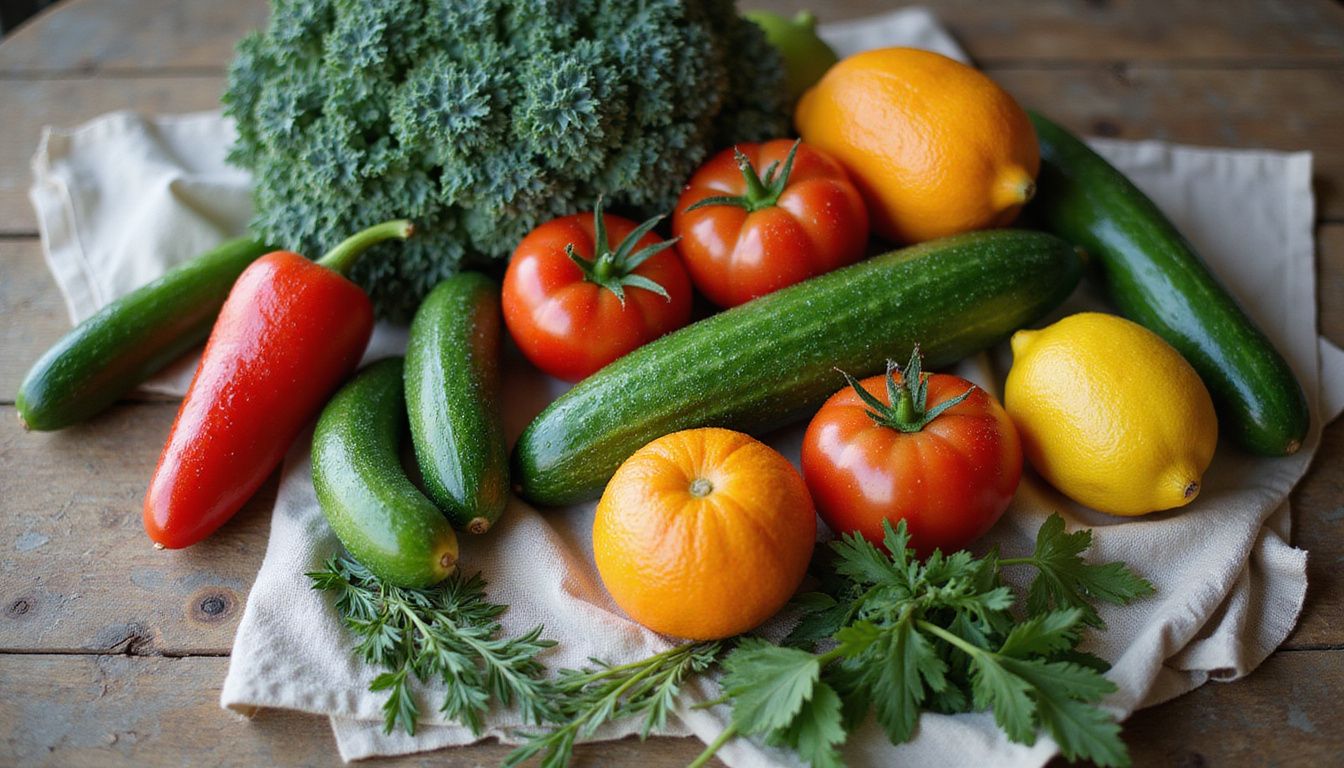 Fresh produce, including lettuce, tomatoes, and berries, arranged on a wooden surface.