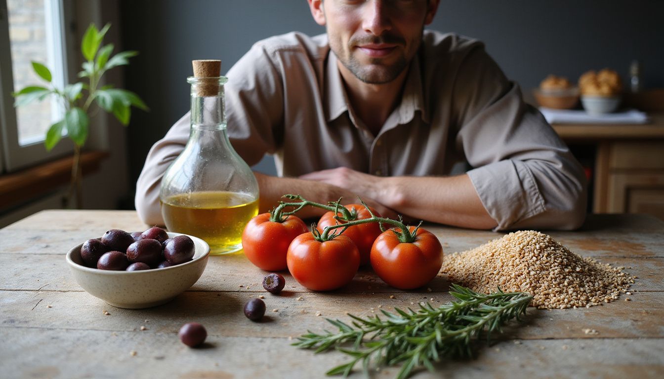 Fresh Mediterranean ingredients arranged in a rustic kitchen, ready for cooking.