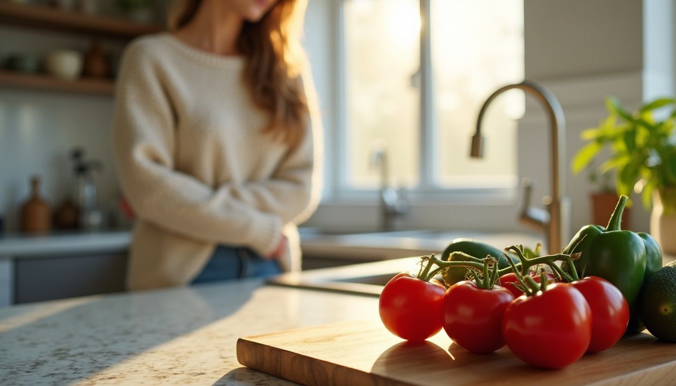 Home cook washing and chopping colorful produce on a bright kitchen counter.