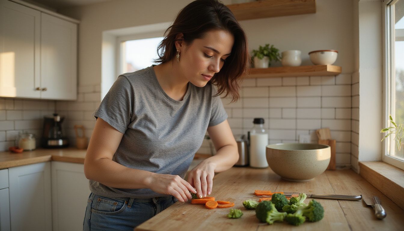 A home cook preparing vegetables beside a shaker bottle and measuring spoon.