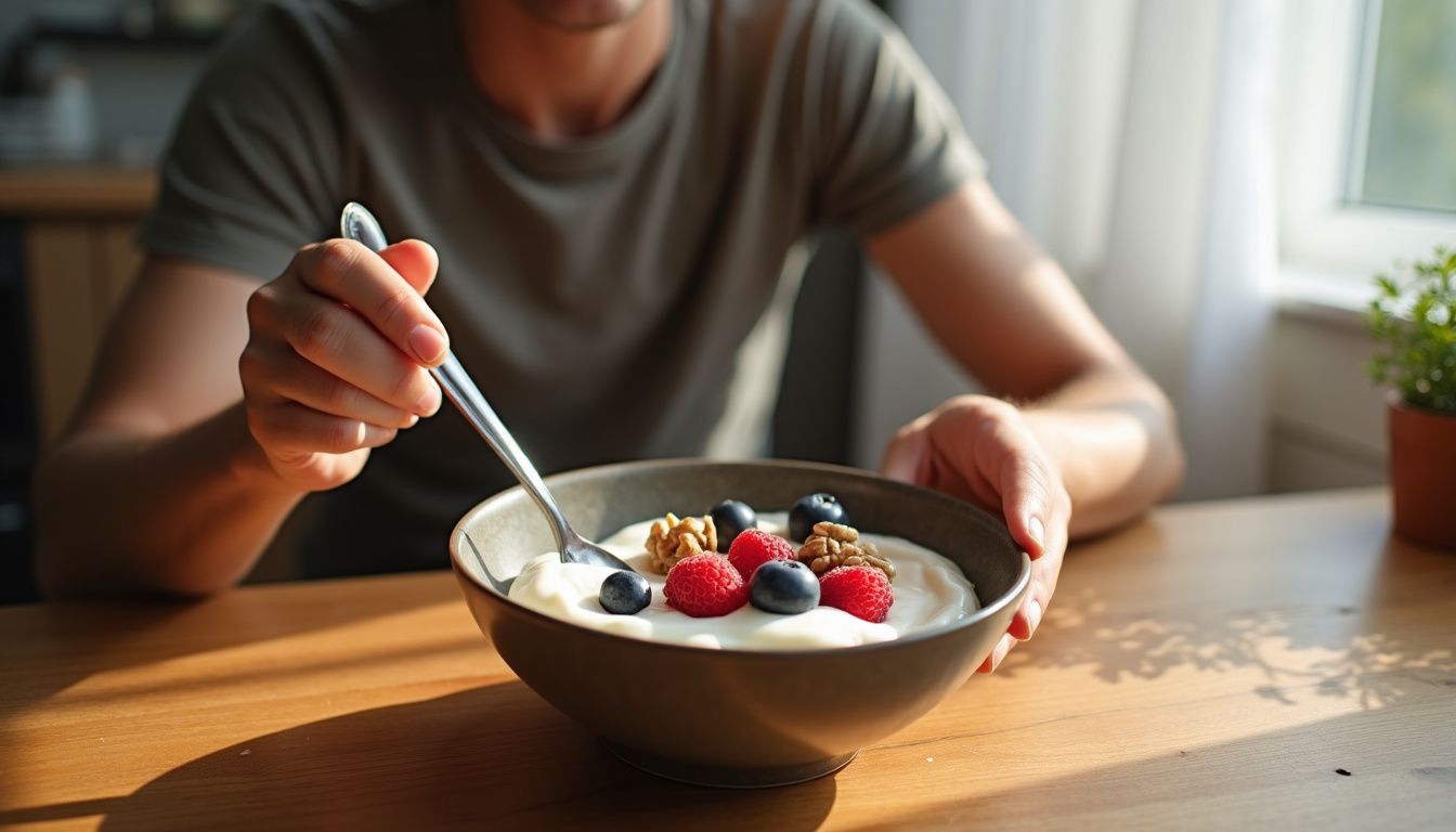 An adult eating Greek yogurt with berries and walnuts.