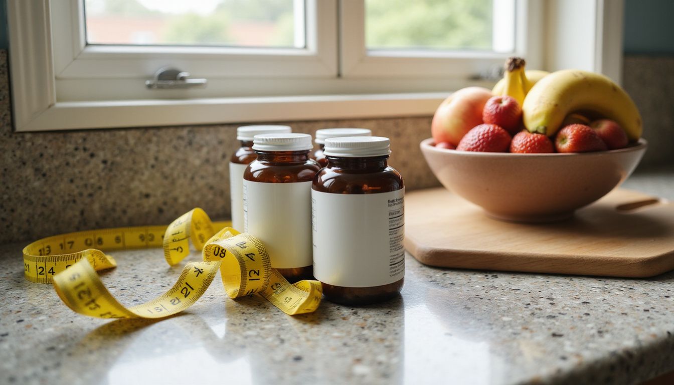 Supplements and fruit on a kitchen counter to signal healthy choices.