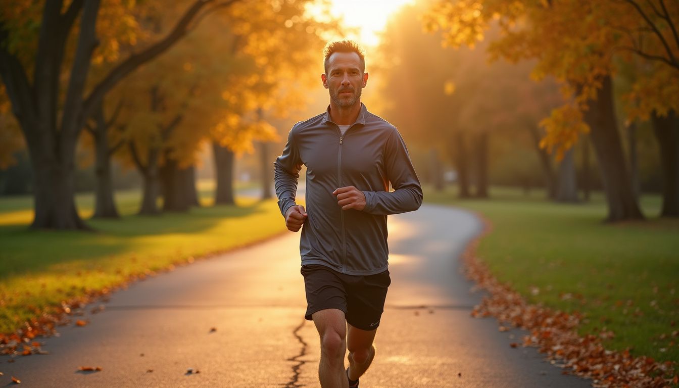 Man jogging at sunrise in a quiet park, focusing on fitness.