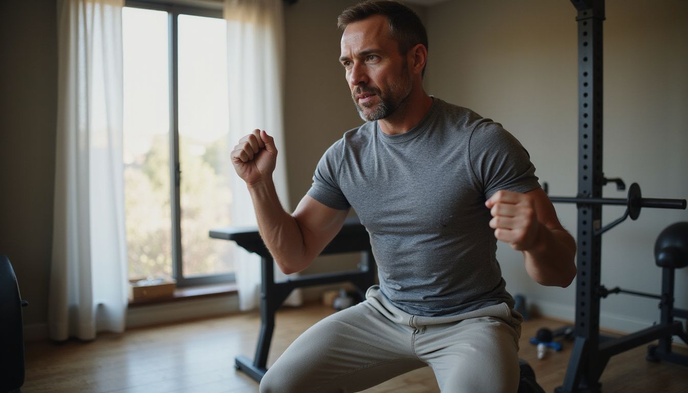 Middle-aged man exercising in a simple home gym.