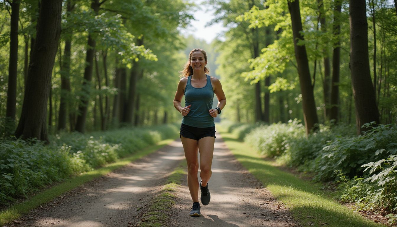 Woman jogging on a forest trail, showing active lifestyle and heart health.