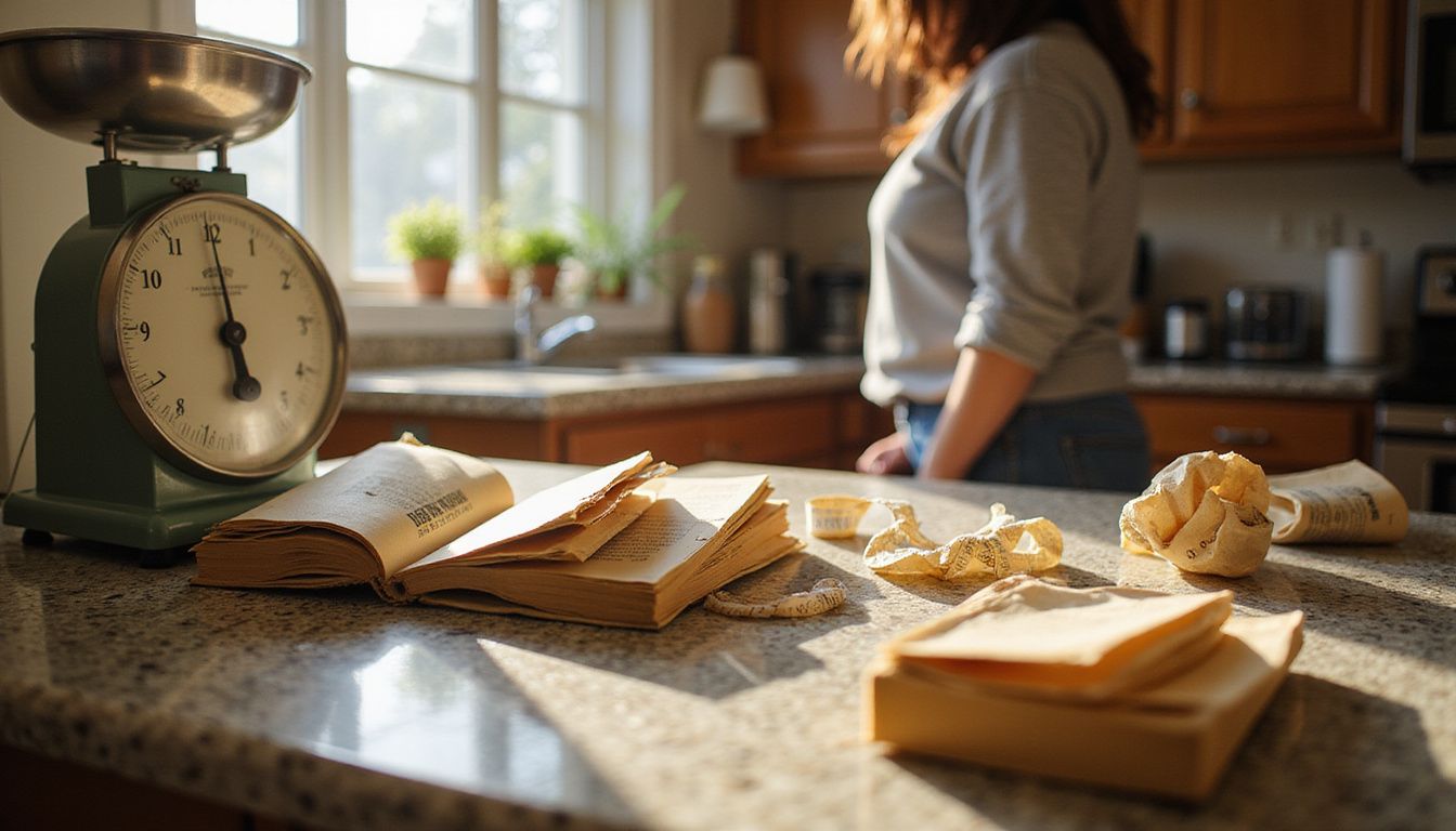 A kitchen counter with diet books, a food scale, and measuring cups.